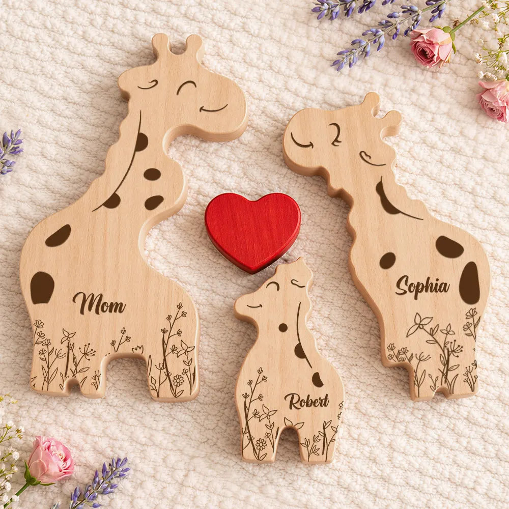 Gift For Mother,Gift For Father,Gift For Grandma,Gift For Grandpa,Love - Loving Giraffe Family - Personalized Custom Shaped Wooden Puzzle