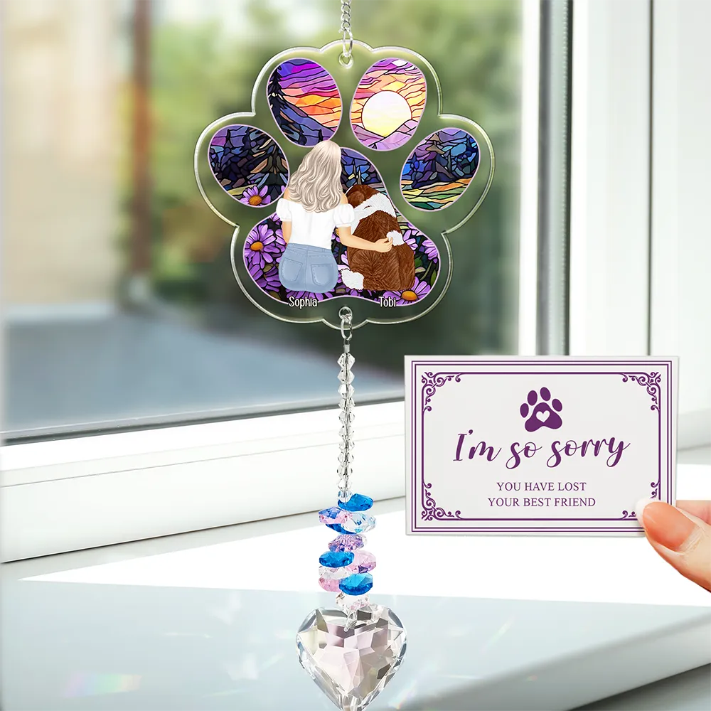Sympathy Pet Memorial Back View Sorry You Have Lost - Personalized Heart Crystal Suncatcher
