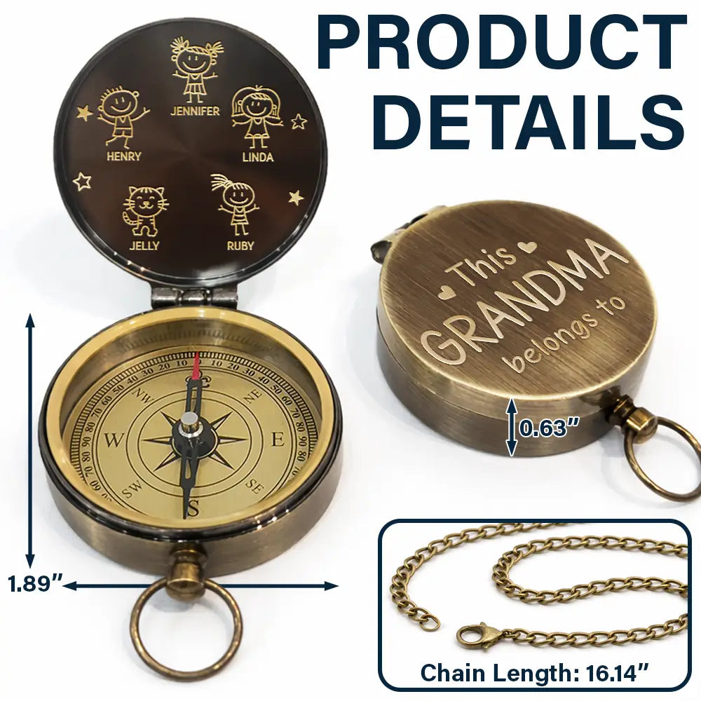 Happy,Gift For Grandpa,Gift For Grandma,Gift For Grandparents - This Grandpa Grandma Belongs To Stick Figures - Personalized Engraved Brass Compass