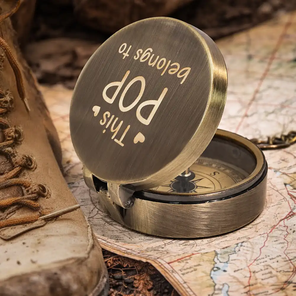 Happy,Gift For Grandpa,Gift For Grandma,Gift For Grandparents - This Grandpa Grandma Belongs To Stick Figures - Personalized Engraved Brass Compass