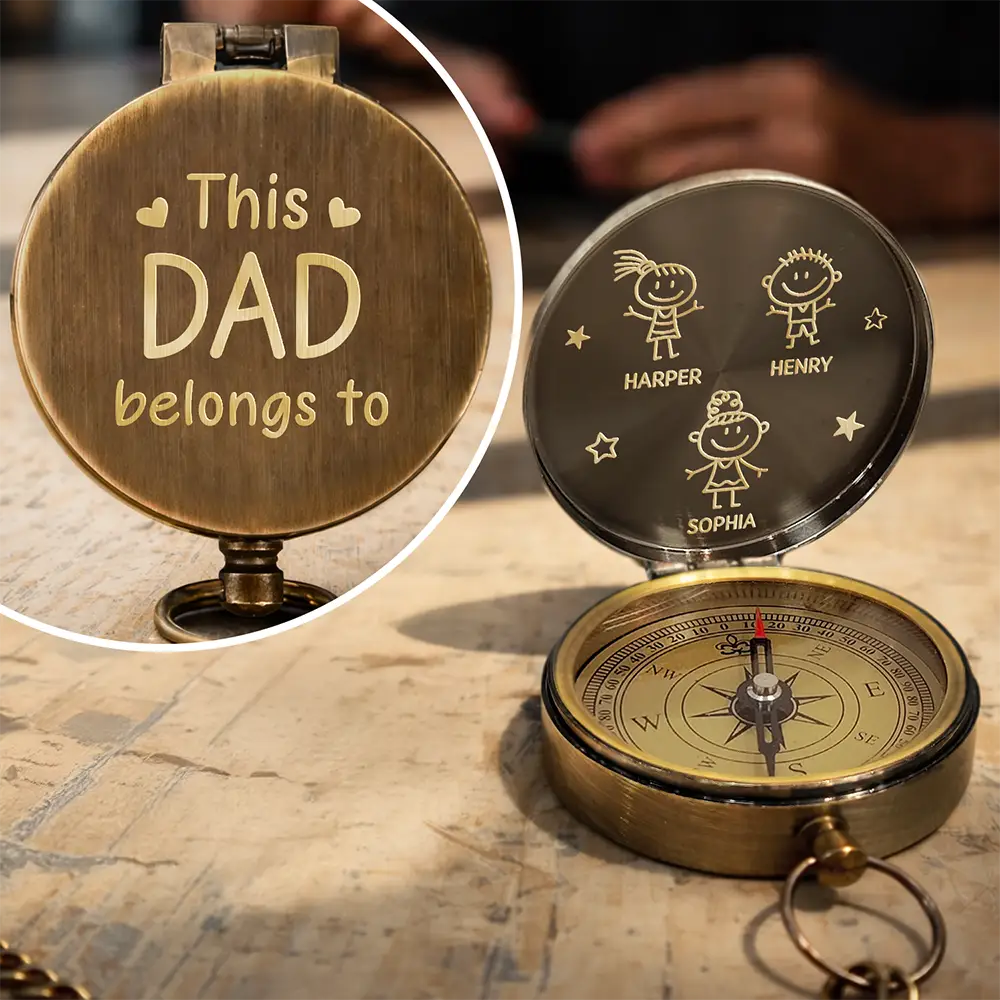 Happy,Gift For Grandpa,Gift For Grandma,Gift For Grandparents - This Grandpa Grandma Belongs To Stick Figures - Personalized Engraved Brass Compass