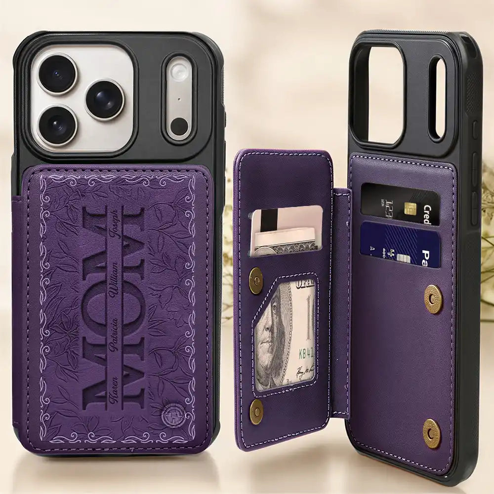 Embossed Flower Leather Mom We Love You - Personalized Leather Flip Wallet Phone Case
