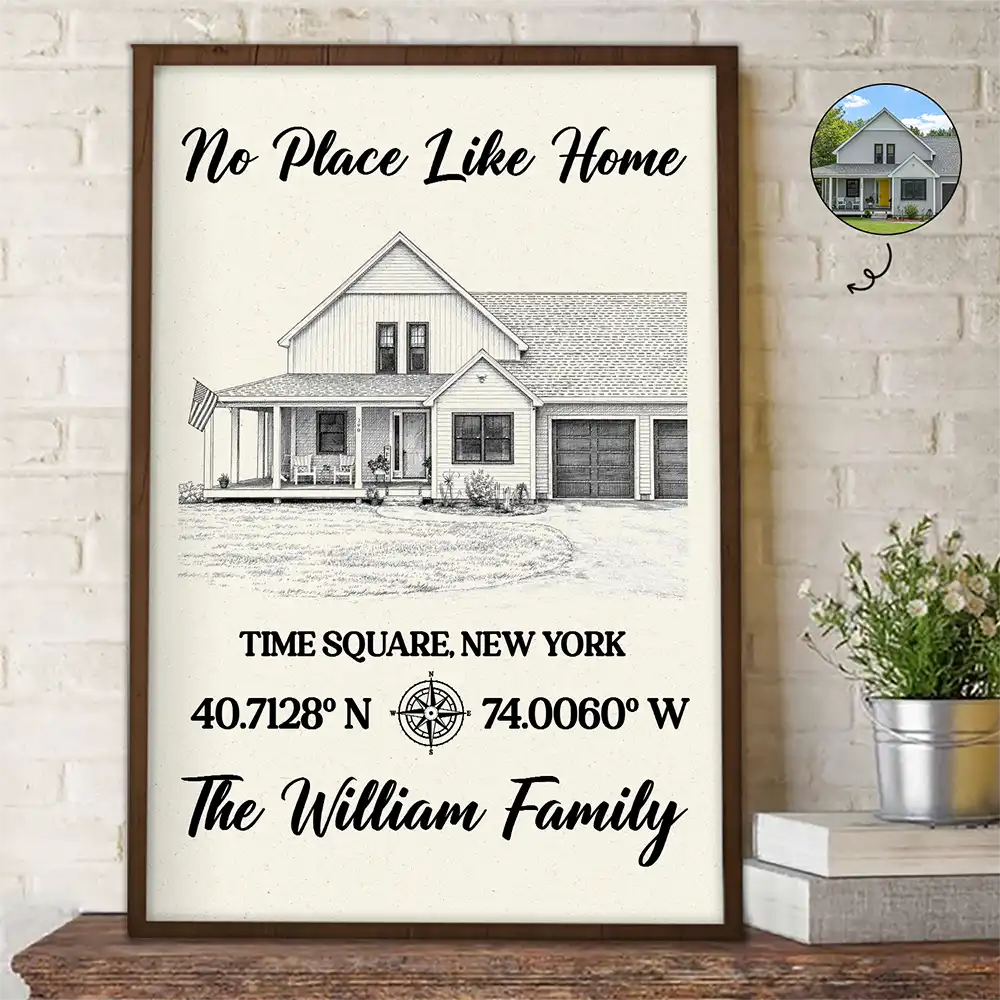 Custom Photo Pencil Sketch Location Coordinates No Place Like Home - Personalized Poster
