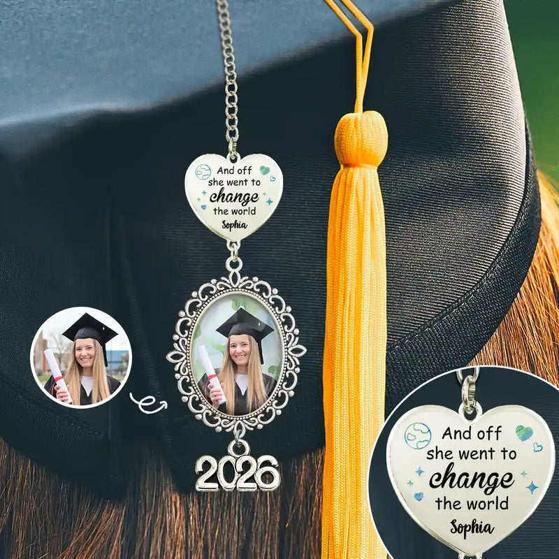 Graduation,Gift For Yourself,Gift For Daughter,Gift For Sisters,Gift For Bestie,Happy,Gift For Son,Gift For Brothers - Custom Photo She Went To Change The World - Personalized Graduation Tassel Charm