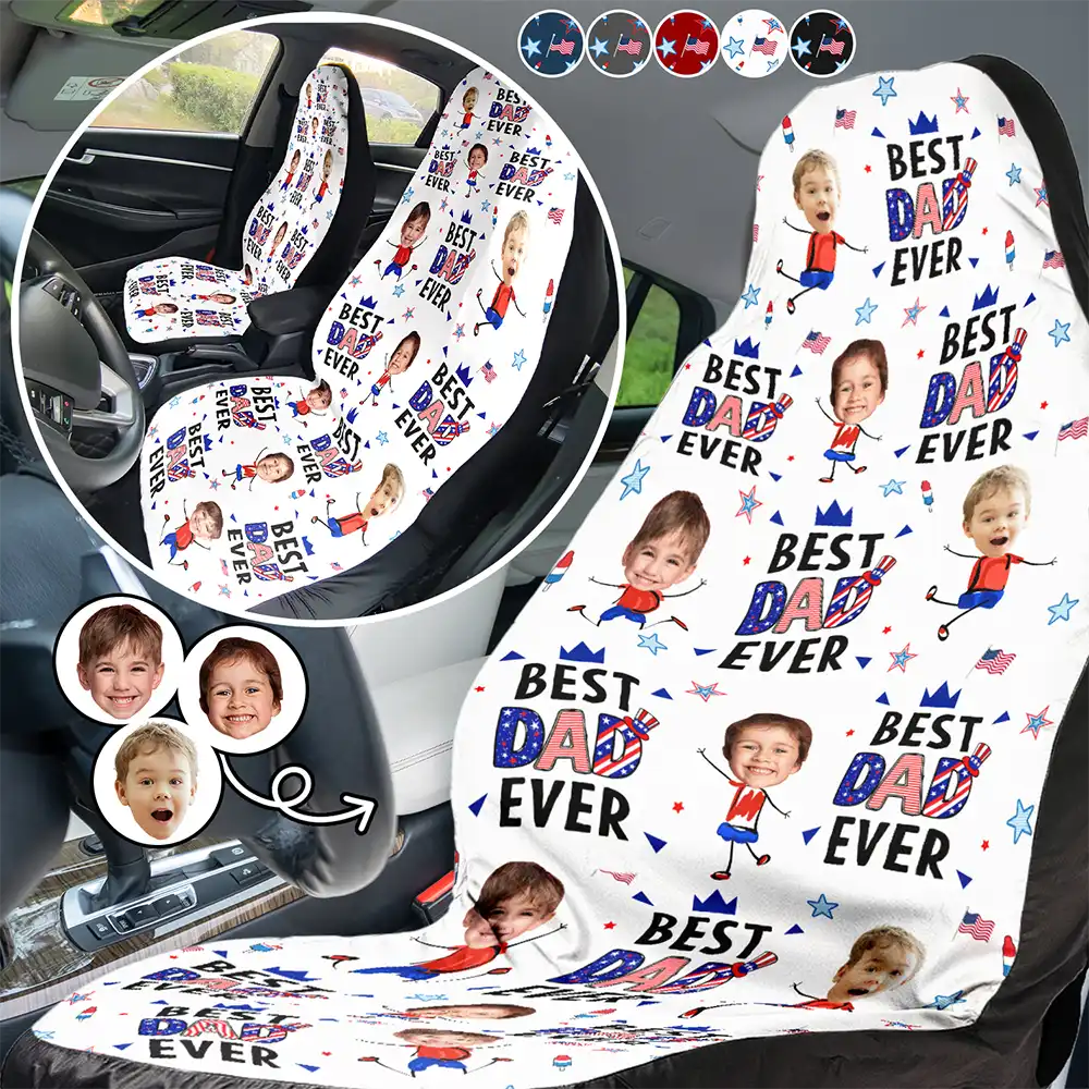 Custom Photo Stars & Stripes Best Mom Dad Grandma Grandpa Ever - Personalized Car Seat Cover