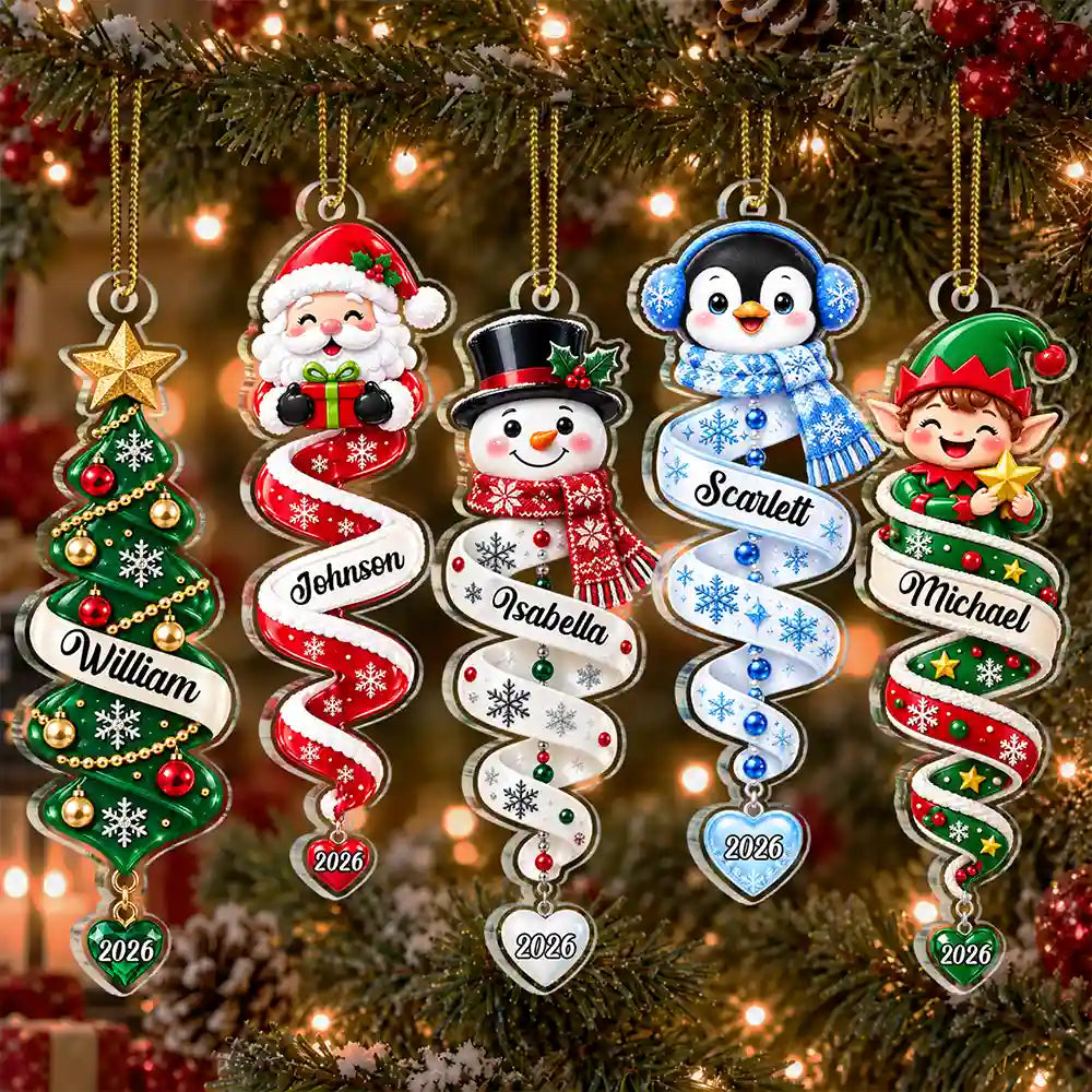 Christmas Gift For Kids Family Friends - Personalized Name & Character Santa Snowman Reindeer Spiral Acrylic Ornament