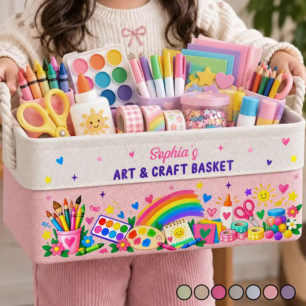 Gift For Kids Grandkids - Personalized Name Art & Scraft Supplies With Rainbow Storage Basket