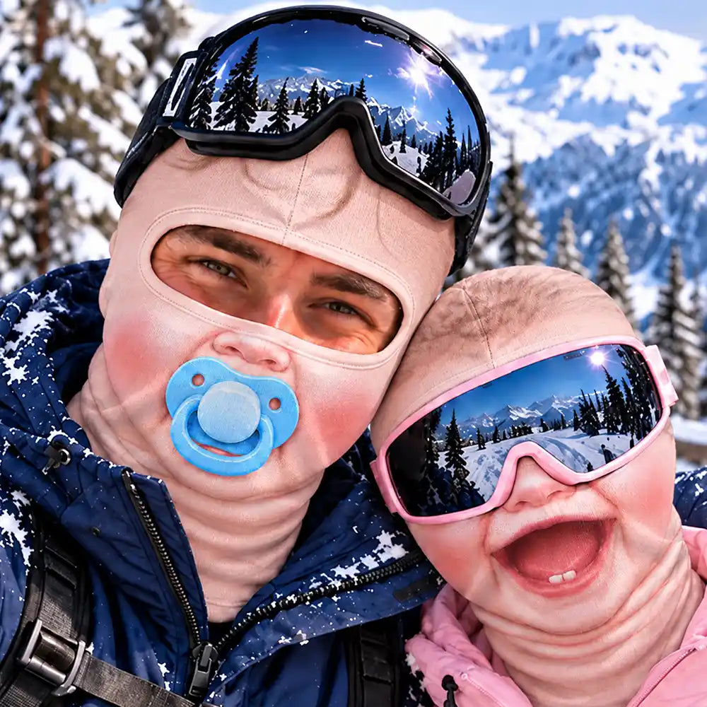 Winter Skiing Gag Gift For Friends, Matching Gear For Couple - Personalized 3D Realistic Funny Baby Face Balaclava Face Mask