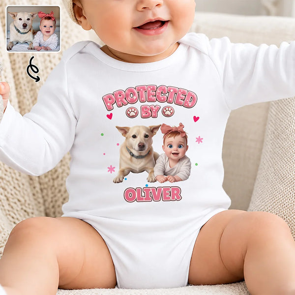 Adorable,Art Design,Custom Photo,New Baby,Pet Lovers,Photo - Cartoon Portrait - Baby Shower Gift For New Mom - Personalized Custom Photo Protected By Cartoon Pet Baby Onesie