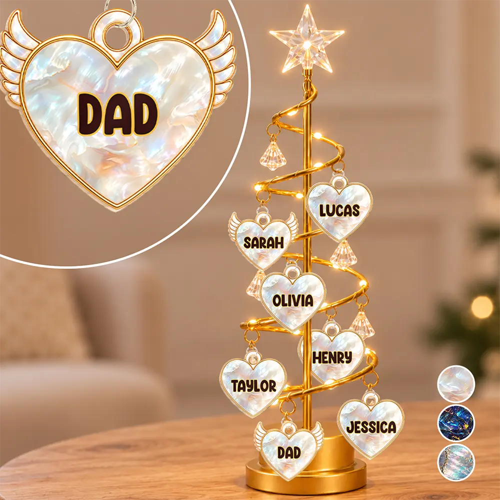 Always Family Heart Angel, Mom Dad, Kid, Pet - Personalized Nacre Christmas LED Tree Lights