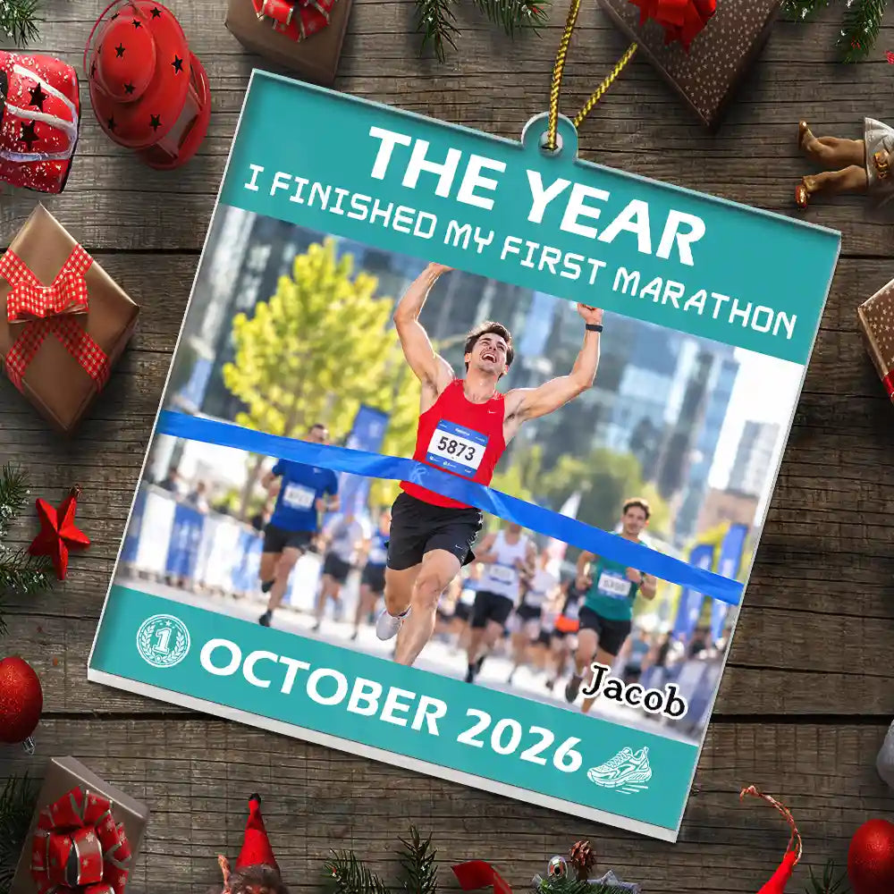 Christmas,Custom Photo,Gift For Yourself,Gifts For Her,Gifts For Him,Inspirational,Running,Top Market,Upload Full Photo - Christmas Gift For Runner - Personalized Custom Photo And Date First Marathon Finisher Acrylic Ornament