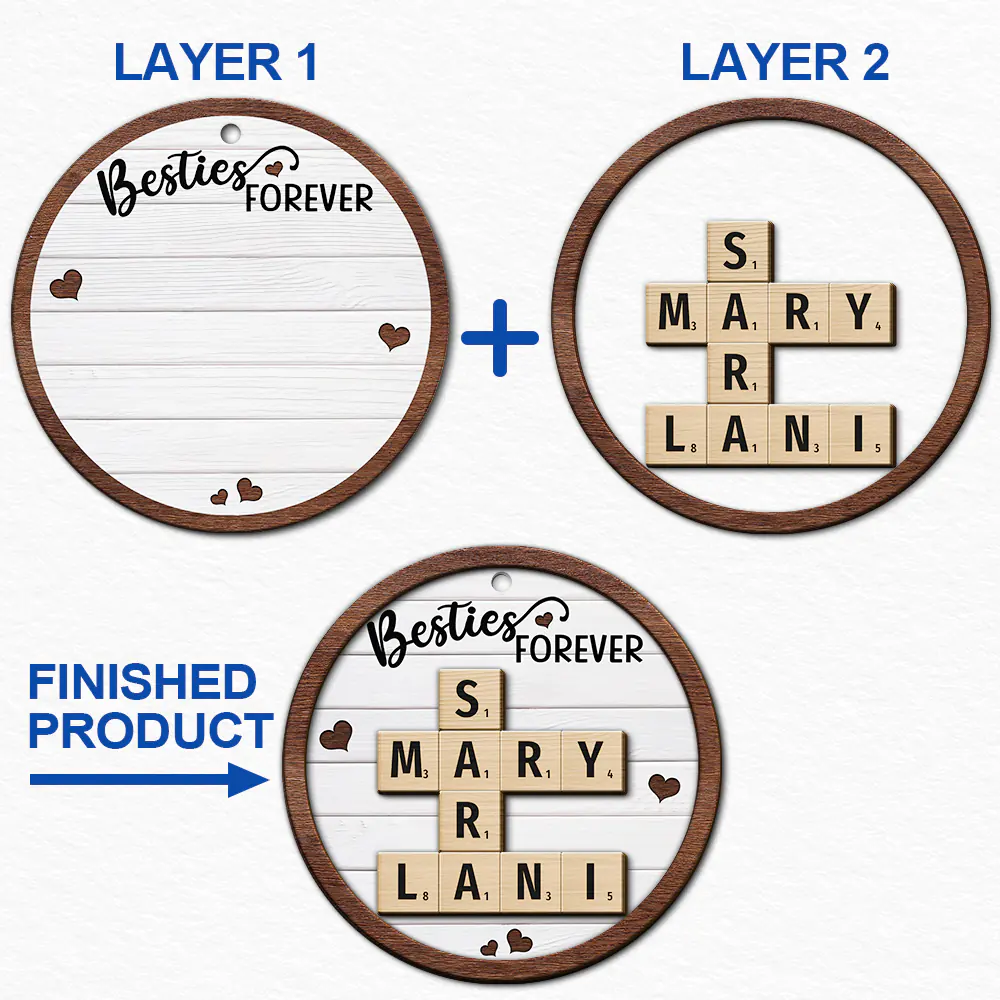 Christmas,Gift For Bestie,Gift For Sisters,Happy - Crossword Sisters Forever - Personalized 2-Layered Wooden Ornament