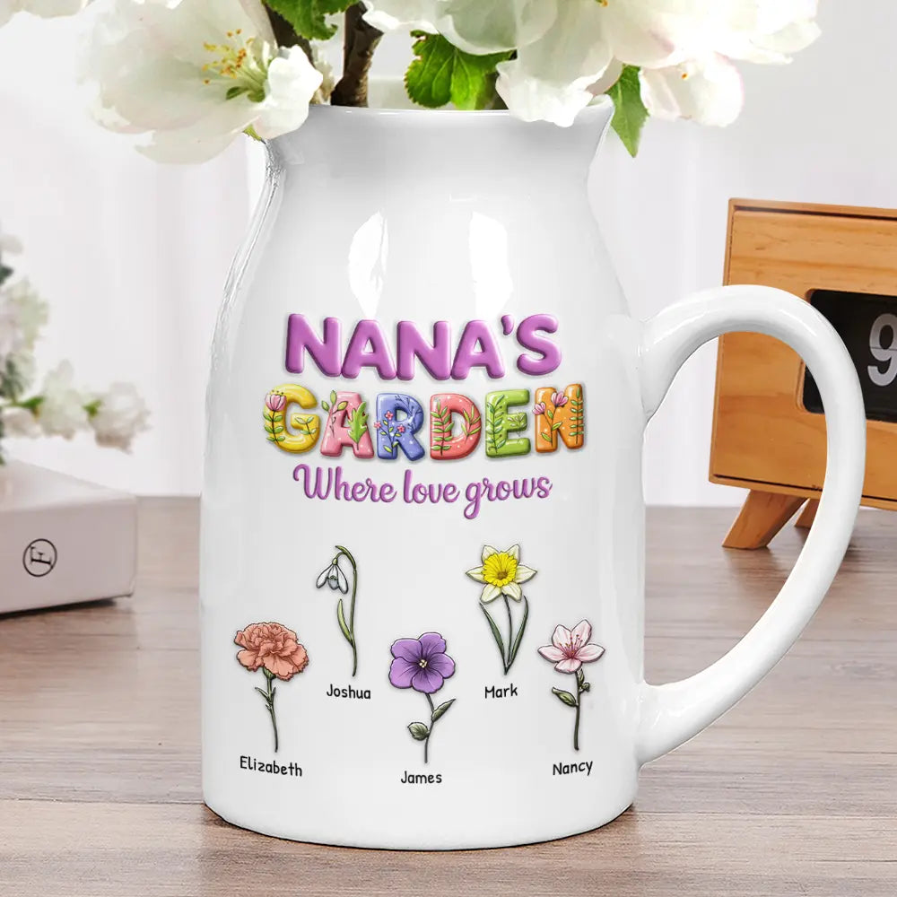 Grandma Garden Where Love Grow 3D Effect Birth Flower - Personalized Ceramic Flower Vase