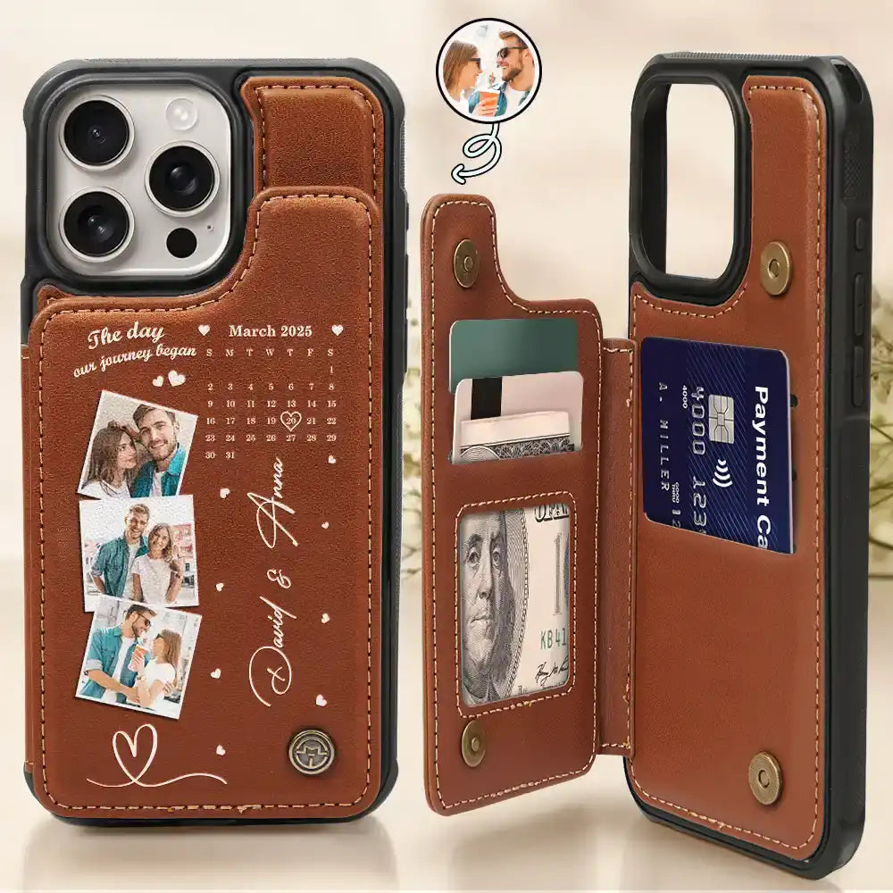 Custom Photo Calendar The Day Our Journey Began - Personalized Leather Flip Wallet Phone Case
