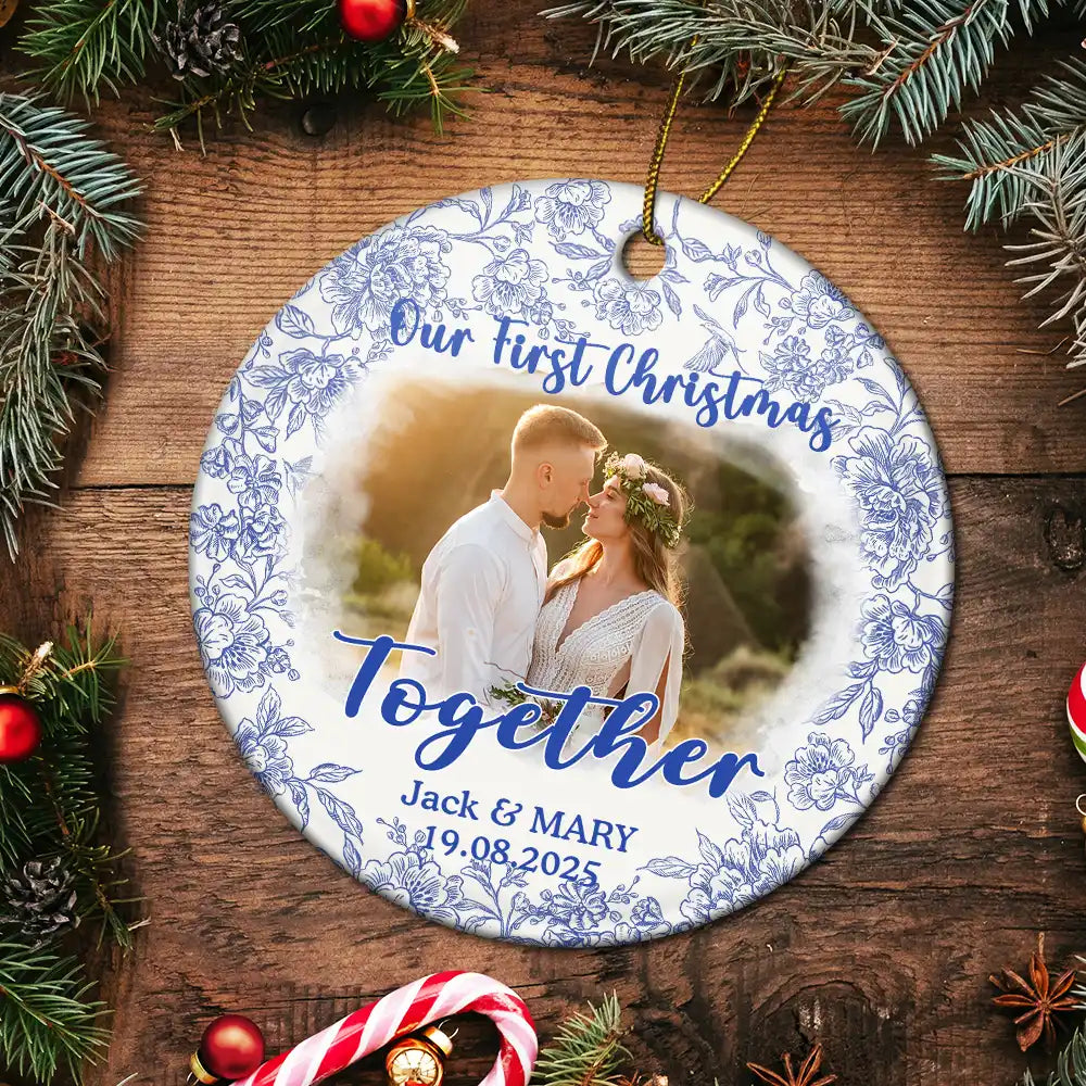 Gift For Couples,Gift For Husband,Gift For Wife,Christmas,Wedding,Love - Custom Photo Our First Christmas Married - Personalized Circle Ceramic Ornament