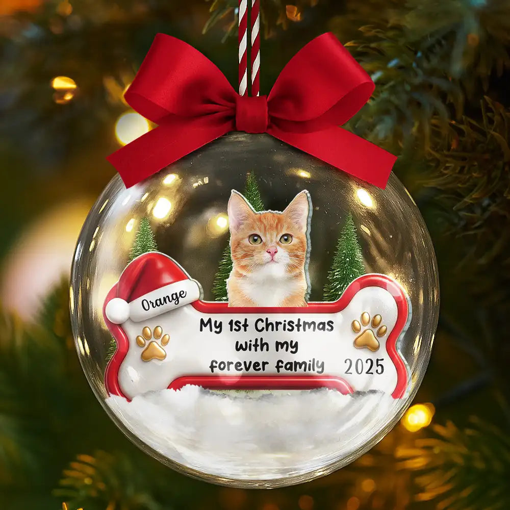 Pet Lovers,Custom Photo,Happy,Christmas - Custom Photo 1st Christmas With Forever Family - Personalized 3D Acrylic Ball Ornament