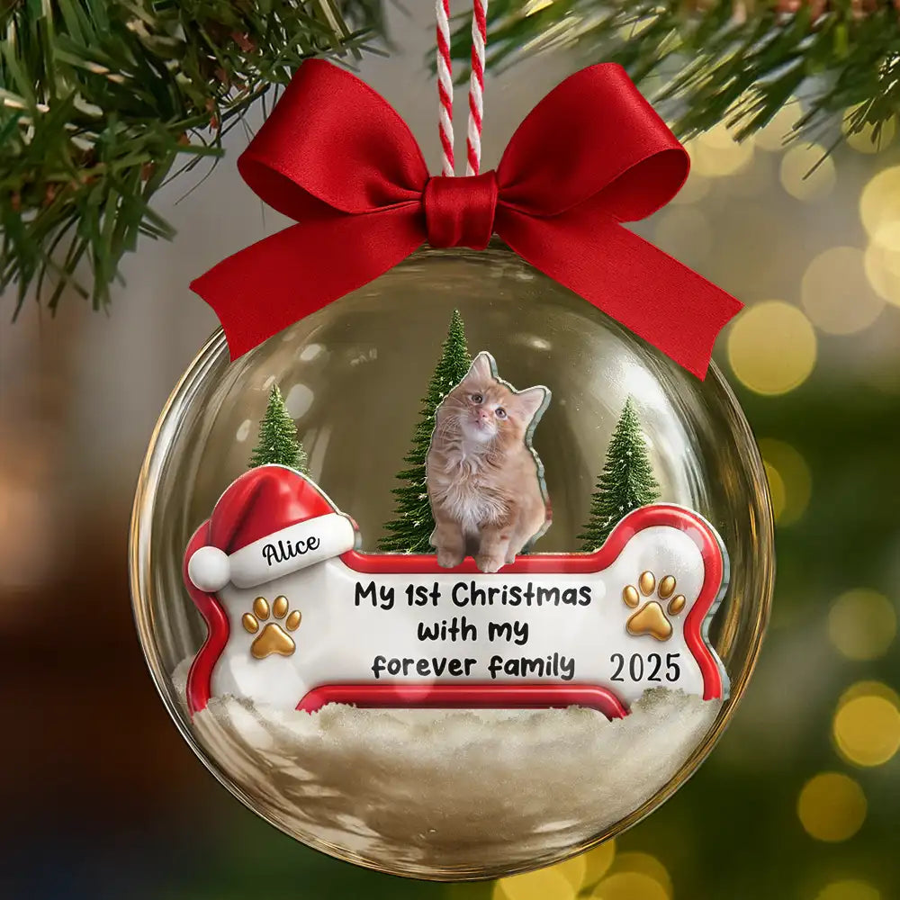 Pet Lovers,Custom Photo,Happy,Christmas - Custom Photo 1st Christmas With Forever Family - Personalized 3D Acrylic Ball Ornament