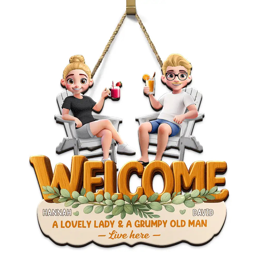 A Lovely Lady And A Grumpy Old Man Live Here - Personalized Custom Shaped Wood Sign