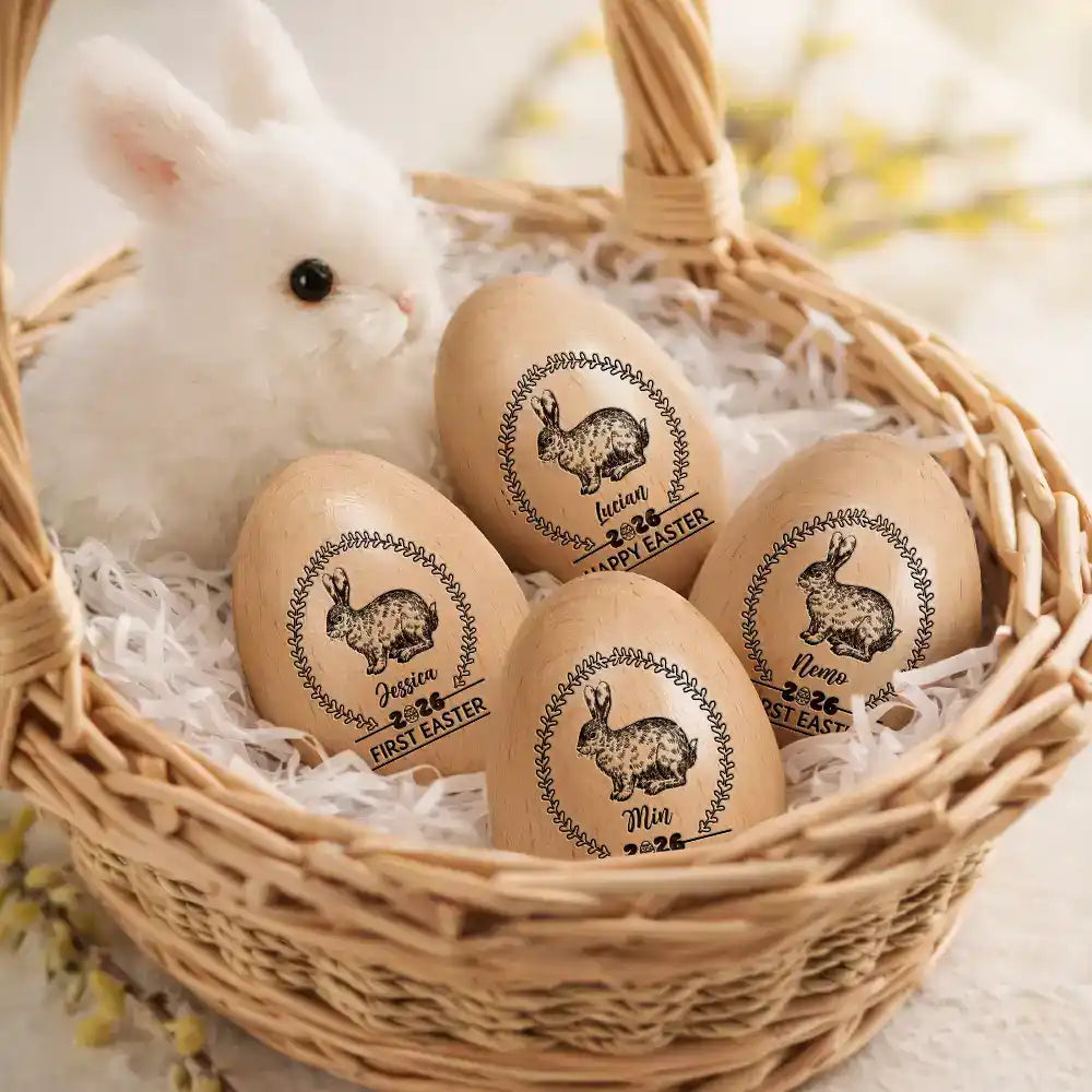 Gift For Kids,Grandma,Grandkids,Gift For Grandkids,Dad,Children,Mom,Easter,Happy - First Easter Bunny With Laurel Wreath - Personalized Musical Wooden Easter Egg Shaker