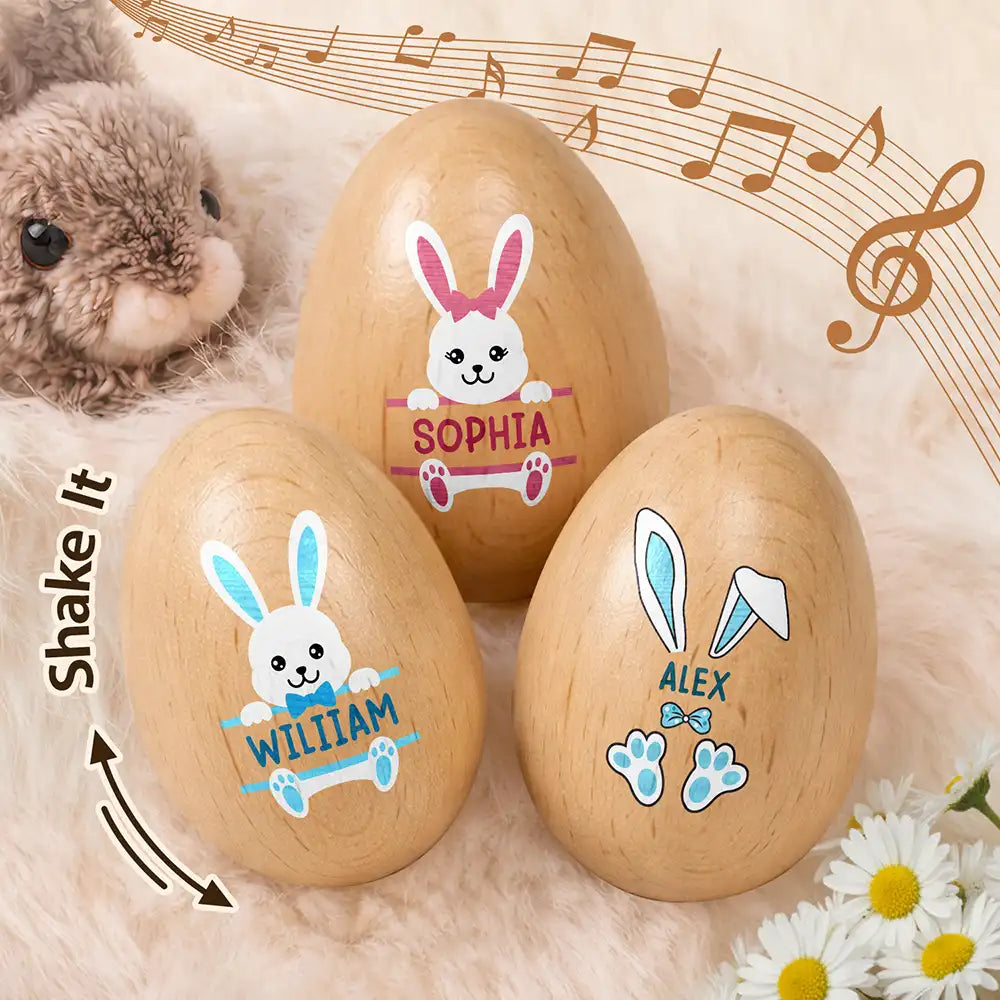 Gift For Kids,Grandma,Grandkids,Gift For Grandkids,Dad,Children,Momn,Easter,Happy - Custom Name With Adorable Bunny - Personalized Musical Wooden Easter Egg Shaker