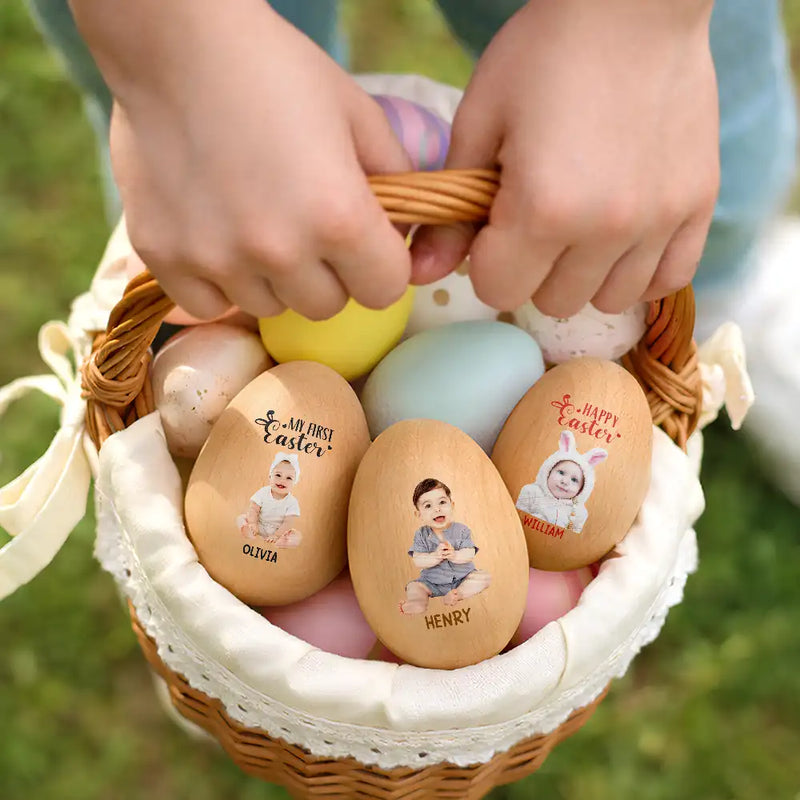 Easter,Non-Eng,Gift For Kids,Gift For Grandkids,Grandma,Grandkids,Grandpa,Dad,Children,Mom,Happy - Custom Photo Adorable Kid Baby Happy Easter - Personalized Musical Wooden Easter Egg Shaker