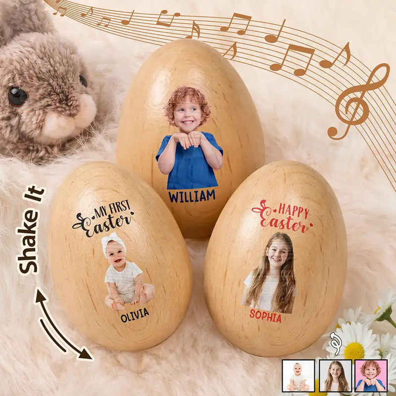 Easter,Non-Eng,Gift For Kids,Gift For Grandkids,Grandma,Grandkids,Grandpa,Dad,Children,Mom,Happy - Custom Photo Adorable Kid Baby Happy Easter - Personalized Musical Wooden Easter Egg Shaker