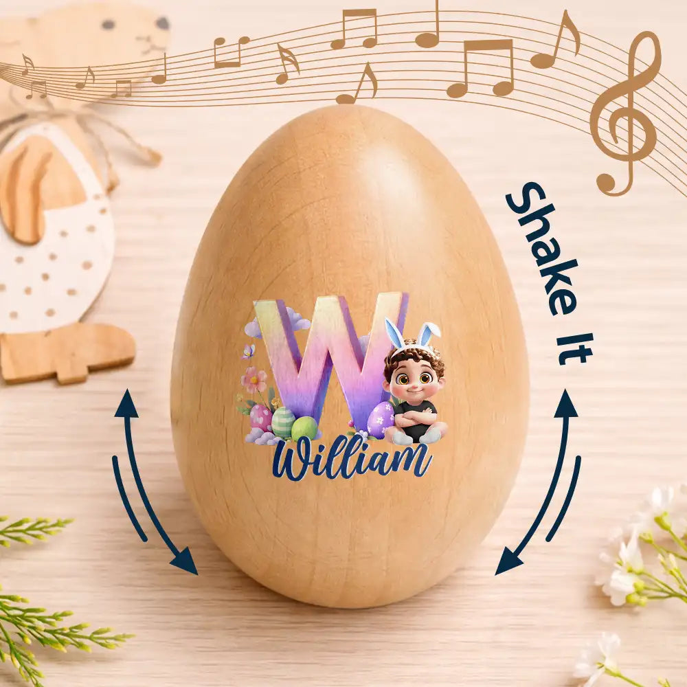 Easter,Non-Eng,Gift For Kids,Gift For Grandkids,Grandma,Grandkids,Grandpa,Dad,Children,Children,Happy - Kid Baby Sitting With Easter Alphabet Letters - Personalized Musical Wooden Easter Egg Shaker