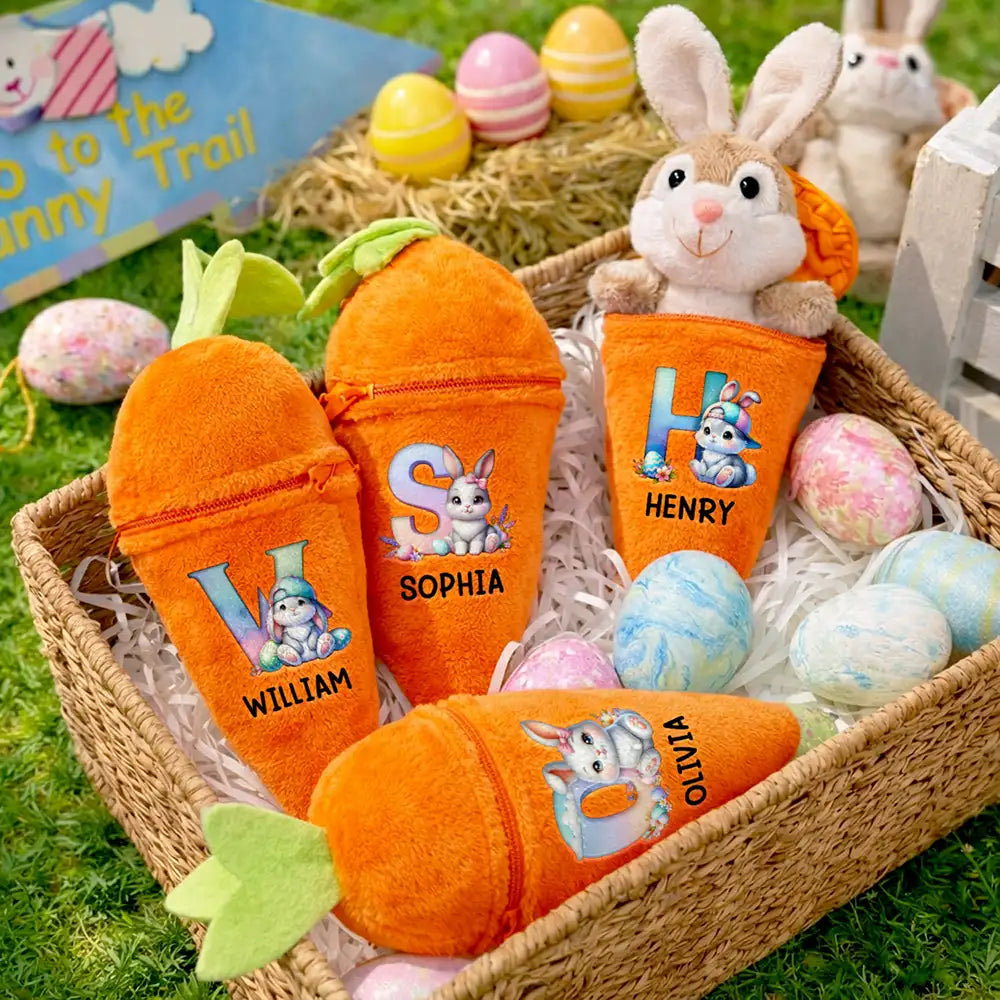 Custom Name With Easter Bunny Alphabet Letters - Personalized Plush Reversible Carrot Bunny Keychain