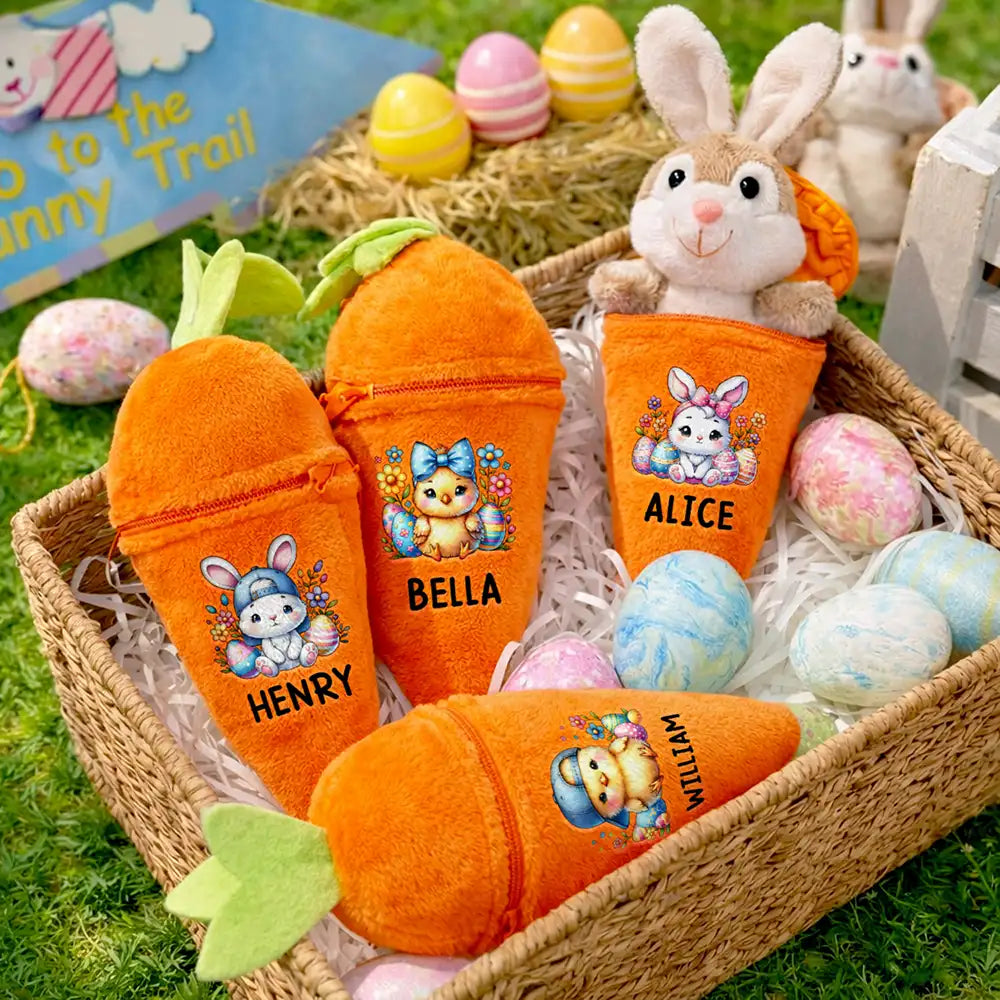 Watercolor Easter Bunny With Name - Personalized Plush Reversible Carrot Bunny Keychain