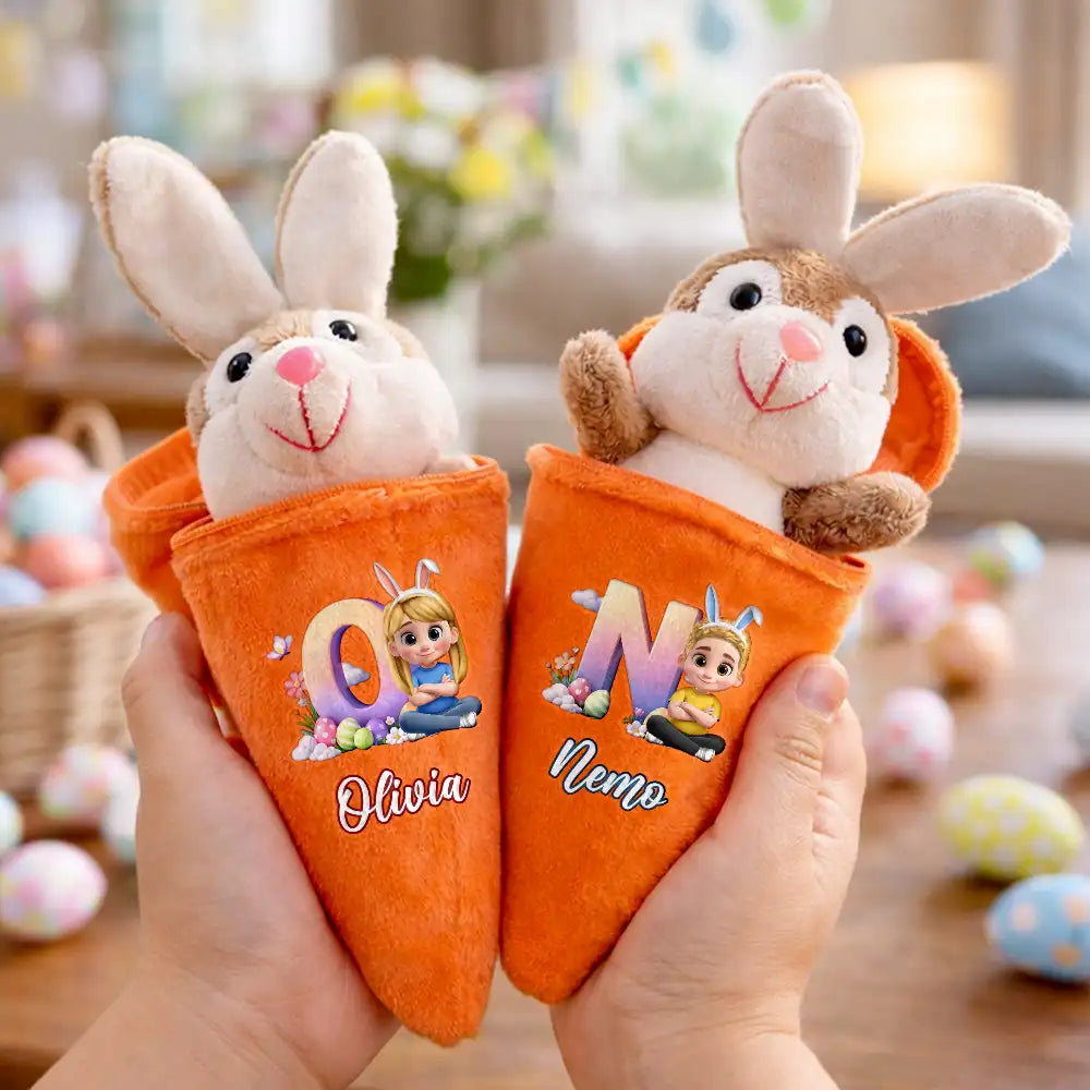 Easter,Happy,Gift For Kids,Dad - Children,Mom - Children,Grandpa - Grandkids,Grandma - Grandkids,Gift For Grandkids - Kids Sitting With Easter Alphabet Letters - Personalized Plush Reversible Carrot Bunny Keychain
