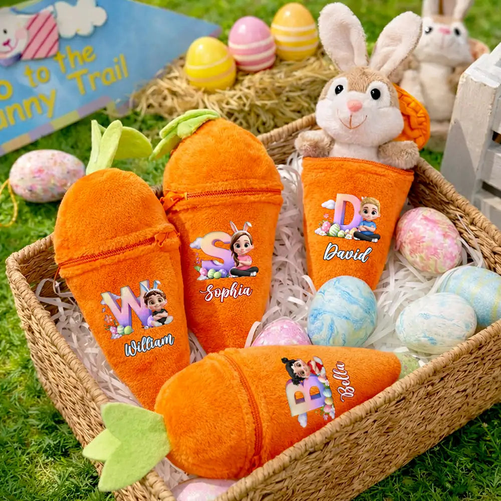 Kids Sitting With Easter Alphabet Letters - Personalized Plush Reversible Carrot Bunny Keychain