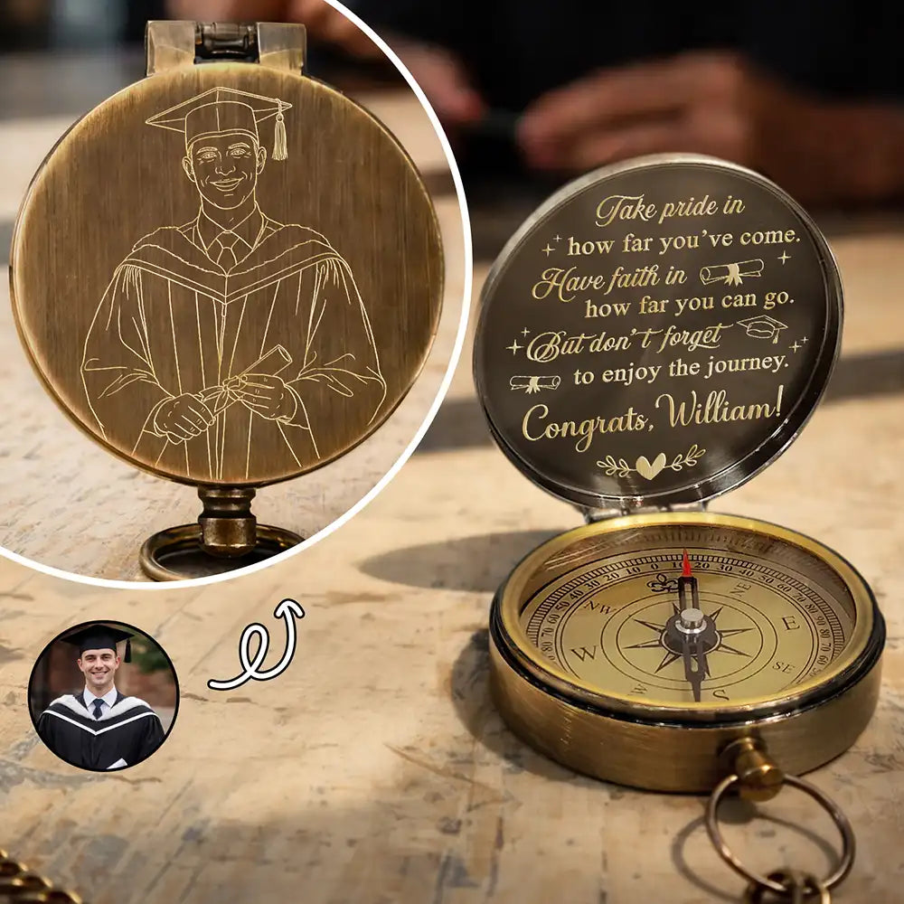Custom Photo Outline Sketch Take Pride In How Far You've Come - Personalized Engraved Brass Compass