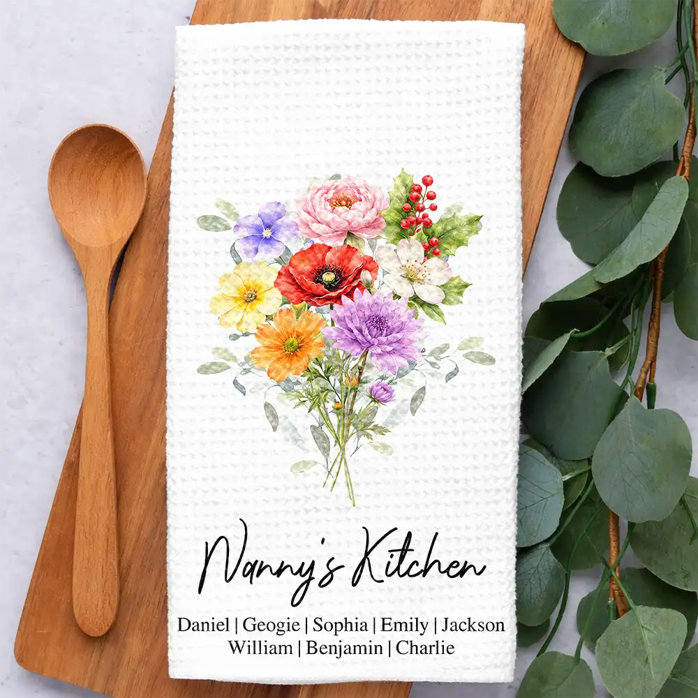 Gift For Wife, Gift For Mother, Gift For Grandma, Happy - Mom Mum Grandma Kitchen Watercolor Birth Flower - Personalized Kitchen Towel