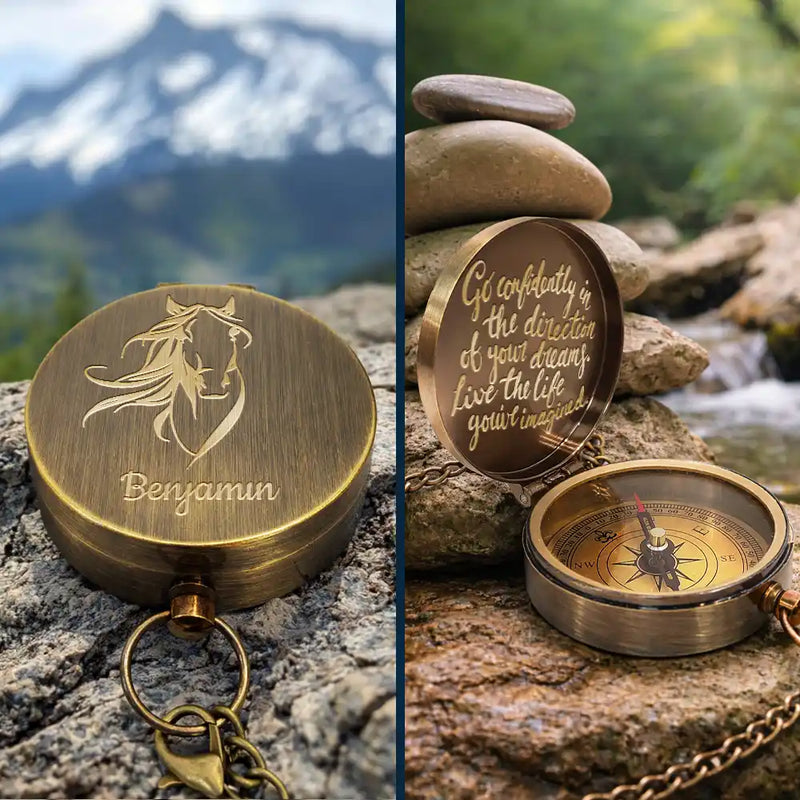Gift For Yourself, Gift For Women, Gift For Men, Happy - Go Confidently In The Direction Of Your Dreams Horse - Personalized Engraved Brass Compass