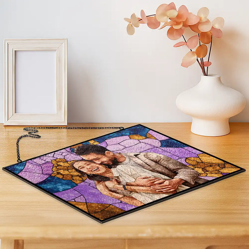 Gift For Wife,Gift For Mother,Gift For Grandma,Love,Family,Gift For Bestie,Gift For Couples,Dog Lovers,Cat Lovers - Custom Photo Stained Glass Mom Grandma Parents Family Bestie Couple - Personalized Horizontal Stained Glass Suncatcher