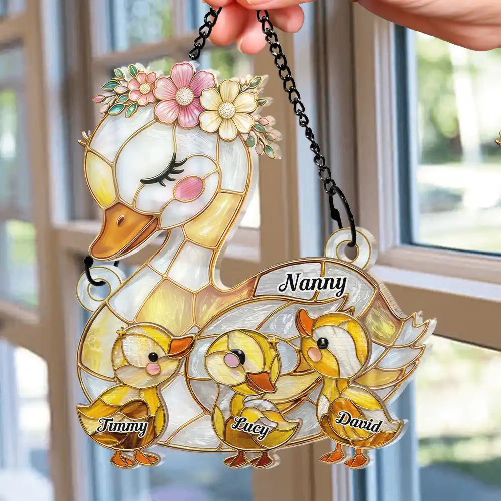 Gift For Grandma,Gift For Mother,Love - Duck Mother Ducklings Stained Glass Effect Mom Grandma - Personalized Window Hanging Suncatcher Ornament