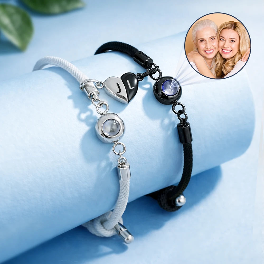 Gift For Mother,Gift For Daughter,Mom - Daughters (Adult),Love - Custom Photo Mother And Daughter Forever Linked Together - Personalized Photo Projection Bracelet Magnetic Initial