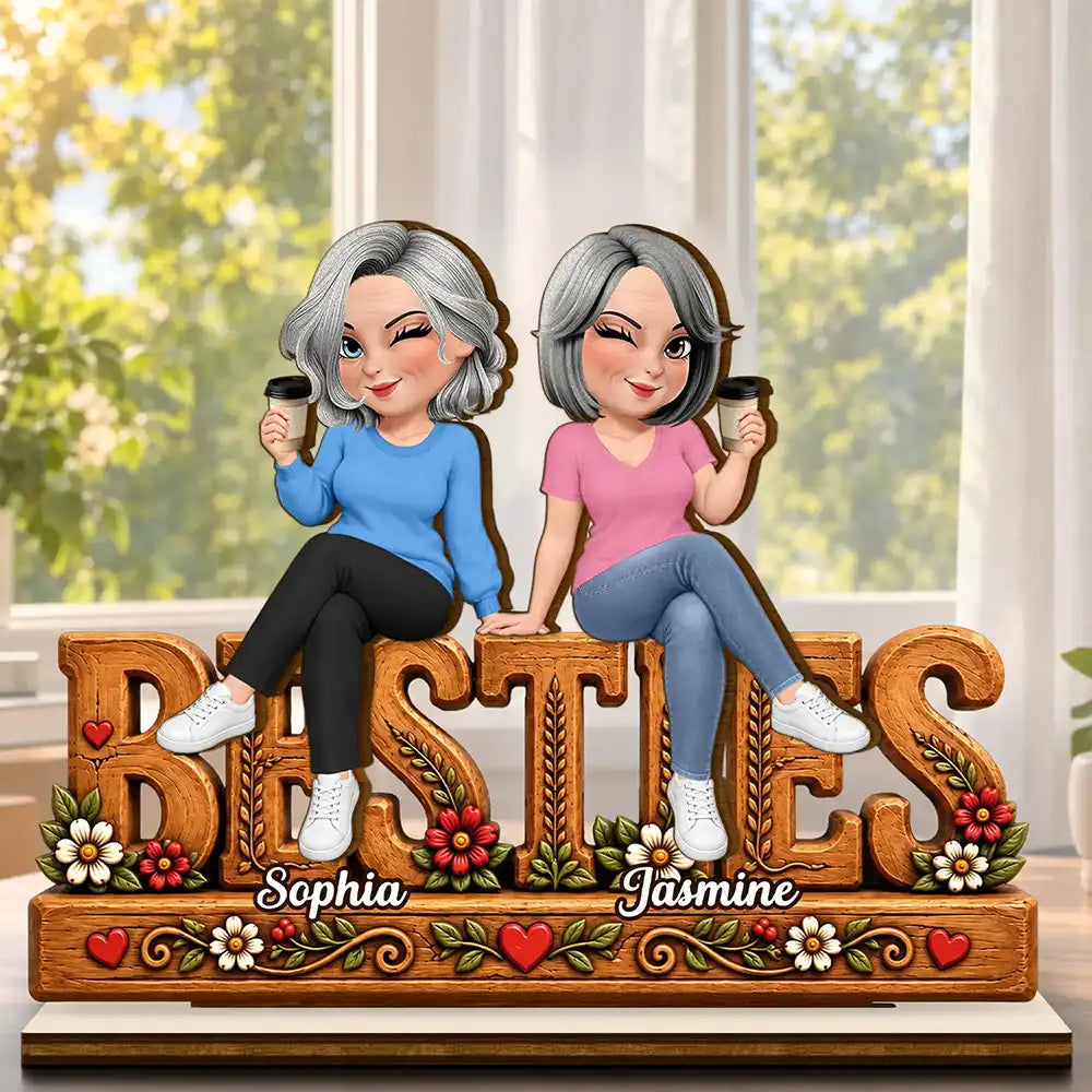 Afro Besties,Christmas,Gift For Bestie,Sentimental,Vector - Bestie Keepsake - Personalized Floral Forever Friends Wooden Plaque