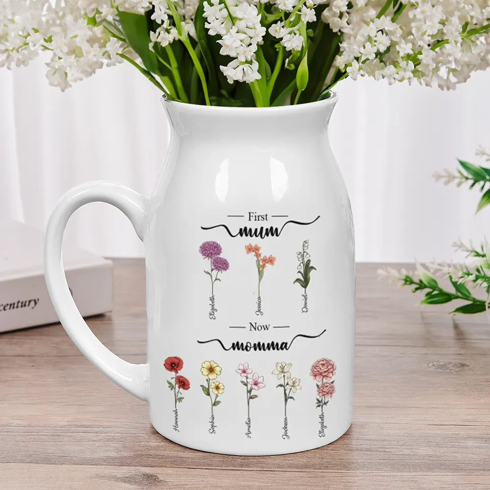 Gift For Grandma, Gift For Mother - First Mom Now Grandma Birth Flowers - Personalized Ceramic Flower Vase