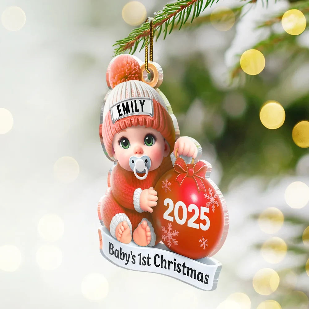 Christmas,New Dad,New baby,New Mom,Happy - Baby Beside Christmas Bauble First Christmas 3D Effect - Personalized Custom Shaped Acrylic Ornament 