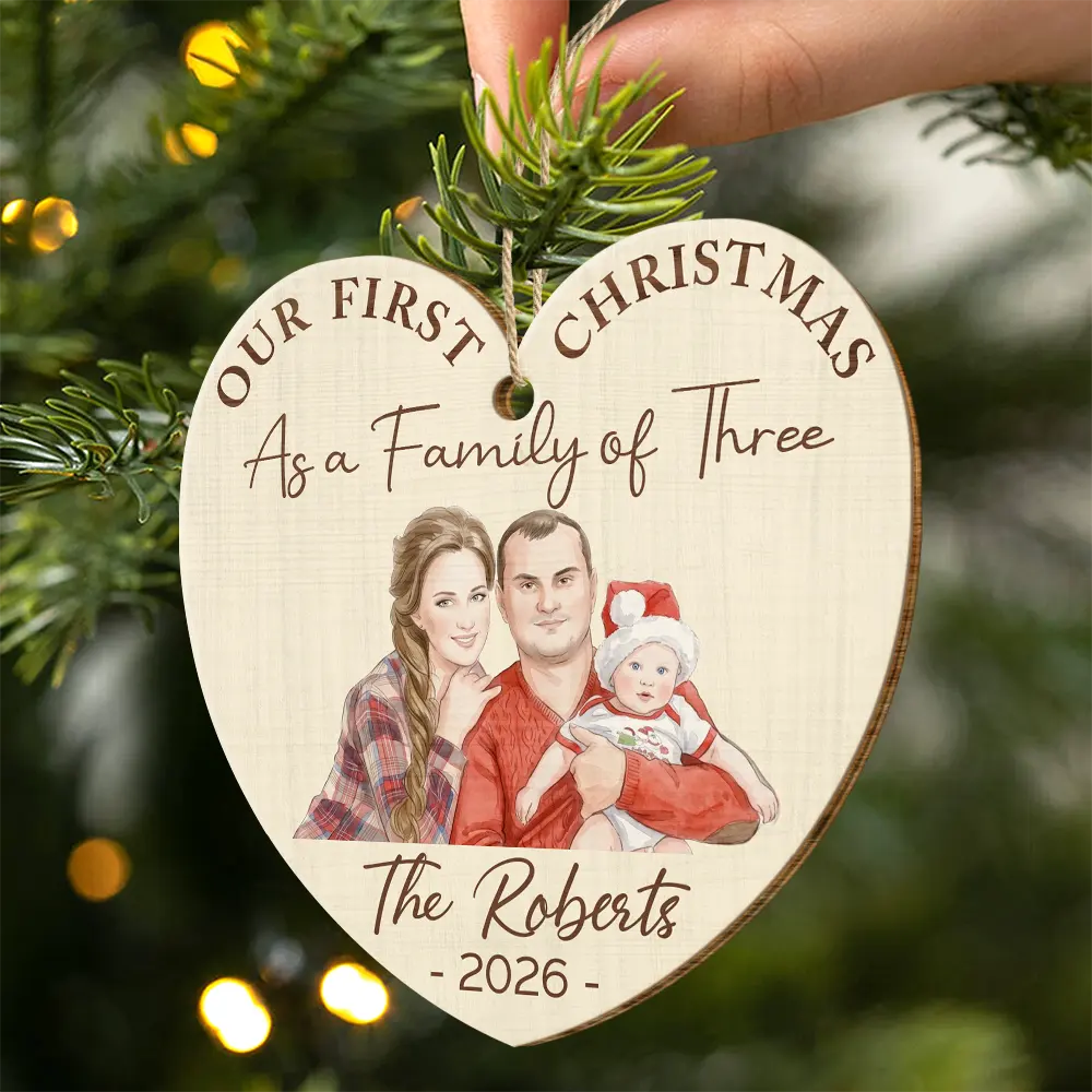 First Christmas,Parents,Art Design,Christmas,Photo - Watercolor - Remove BG,Happy - Custom Photo Realistic Watercolor Art First Christmas As A Family Of Four - Personalized Custom Shaped Wooden Ornament