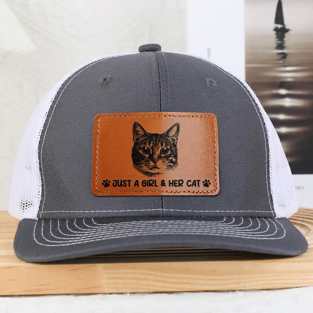 Custom Photo, Pet Lovers, Pet Mom, Pet Dad, Happy - Custom Photo Pencil Sketch Just A Man & His Dog - Personalized Leather Patch Hat