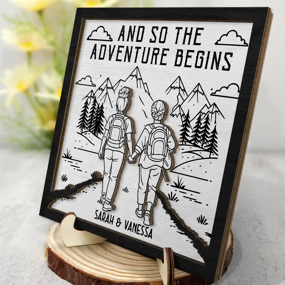 Gift For Couples,Gift For Husband,Old Couples,Gift For Wife,Gift For Boyfriend,Gift For Girlfriend,LGBT,Love - Adventure Partners For Life - Personalized 2-Layered Wooden Plaque With Stand