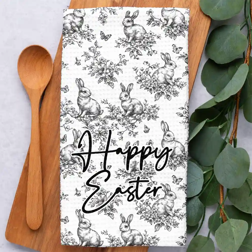 Easter,Gift For Wife,Parents,Gift For Grandma,Gift For Grandparents,Gift For Mother,Family - Happy Easter Toile Rabbit - Personalized Kitchen Towel