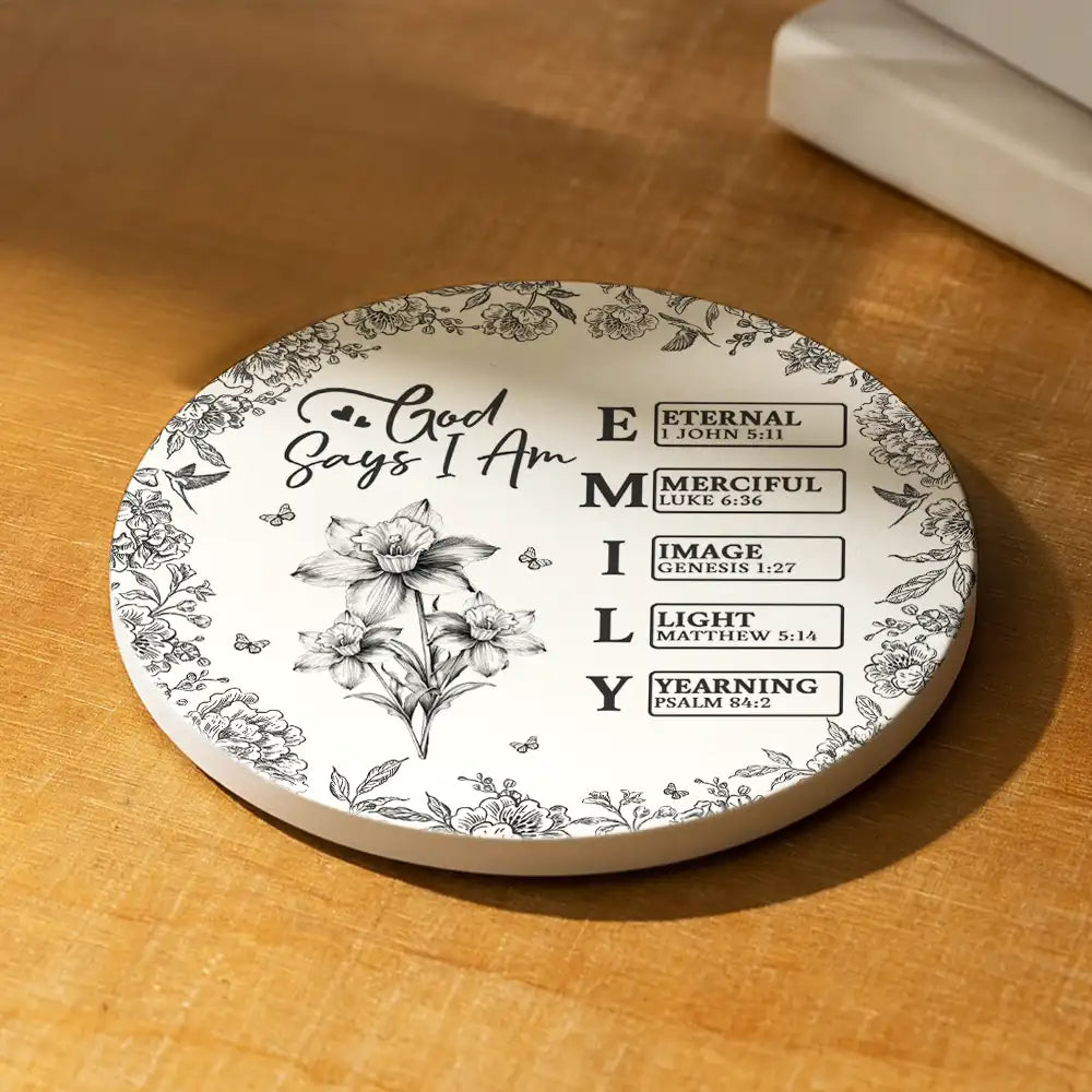 Gift For Women, Gift For Yourself, Gift For Daughter, Gift For Bestie, Happy - God Says I Am Toile De Jouy Flower - Personalized Ceramic Coaster