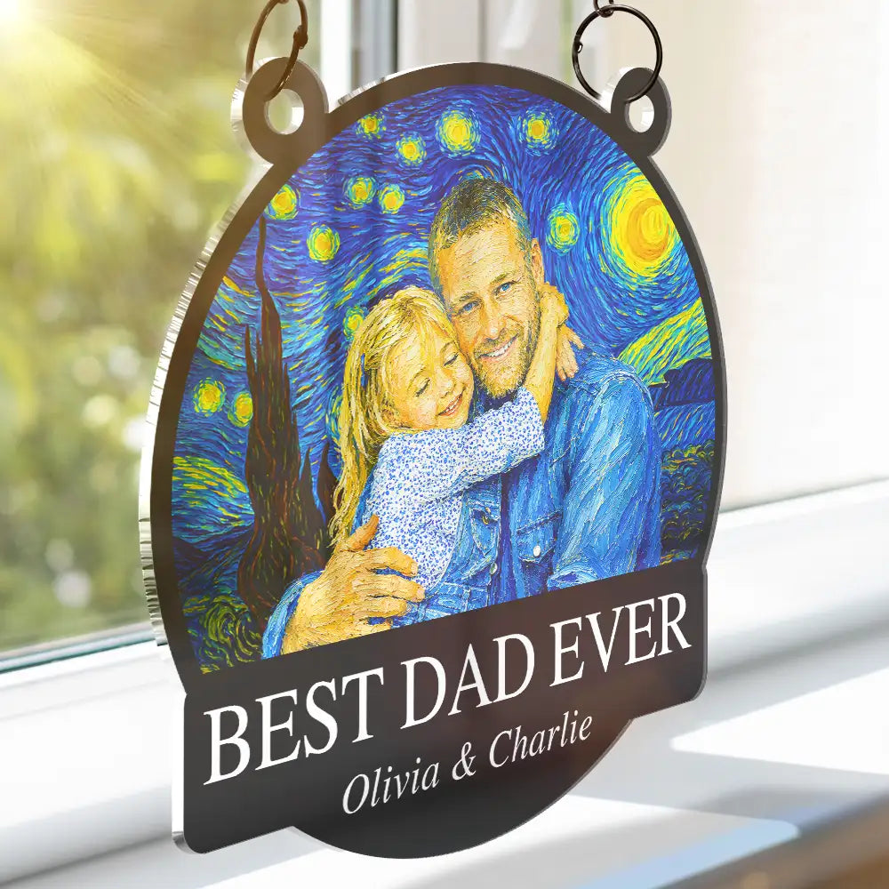 Gift For Father,Gift For Grandpa,Non-Eng,Photo - Starry Night,Proud - Custom Photo Starry Night Best Dad Papa Ever - Personalized Window Hanging Suncatcher Ornament
