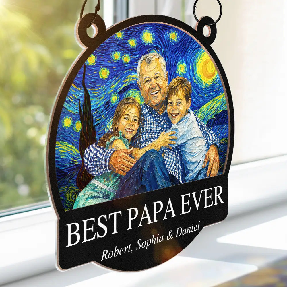 Gift For Father,Gift For Grandpa,Non-Eng,Photo - Starry Night,Proud - Custom Photo Starry Night Best Dad Papa Ever - Personalized Window Hanging Suncatcher Ornament