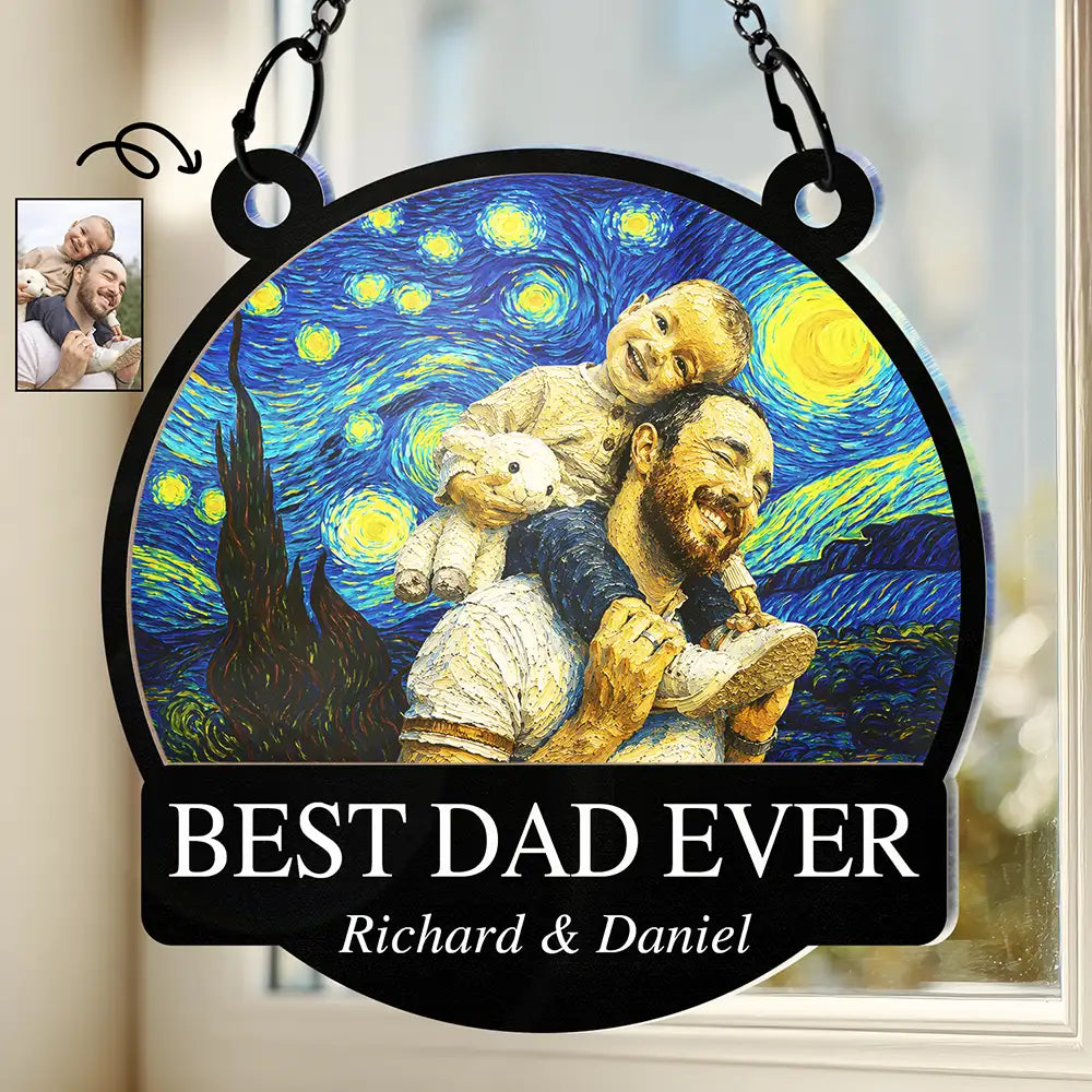 Gift For Father,Gift For Grandpa,Non-Eng,Photo - Starry Night,Proud - Custom Photo Starry Night Best Dad Papa Ever - Personalized Window Hanging Suncatcher Ornament