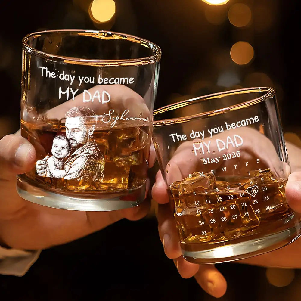 Custom Photo,New Dad,New Mom,New baby,Gift For Father,Non-Eng,Photo - Pencil Sketch (Dark BG),Calendar,Adorable - Custom Photo White Pencil Sketch Art Calendar The Day You Became My Mom Dad - Personalized Whiskey Glass