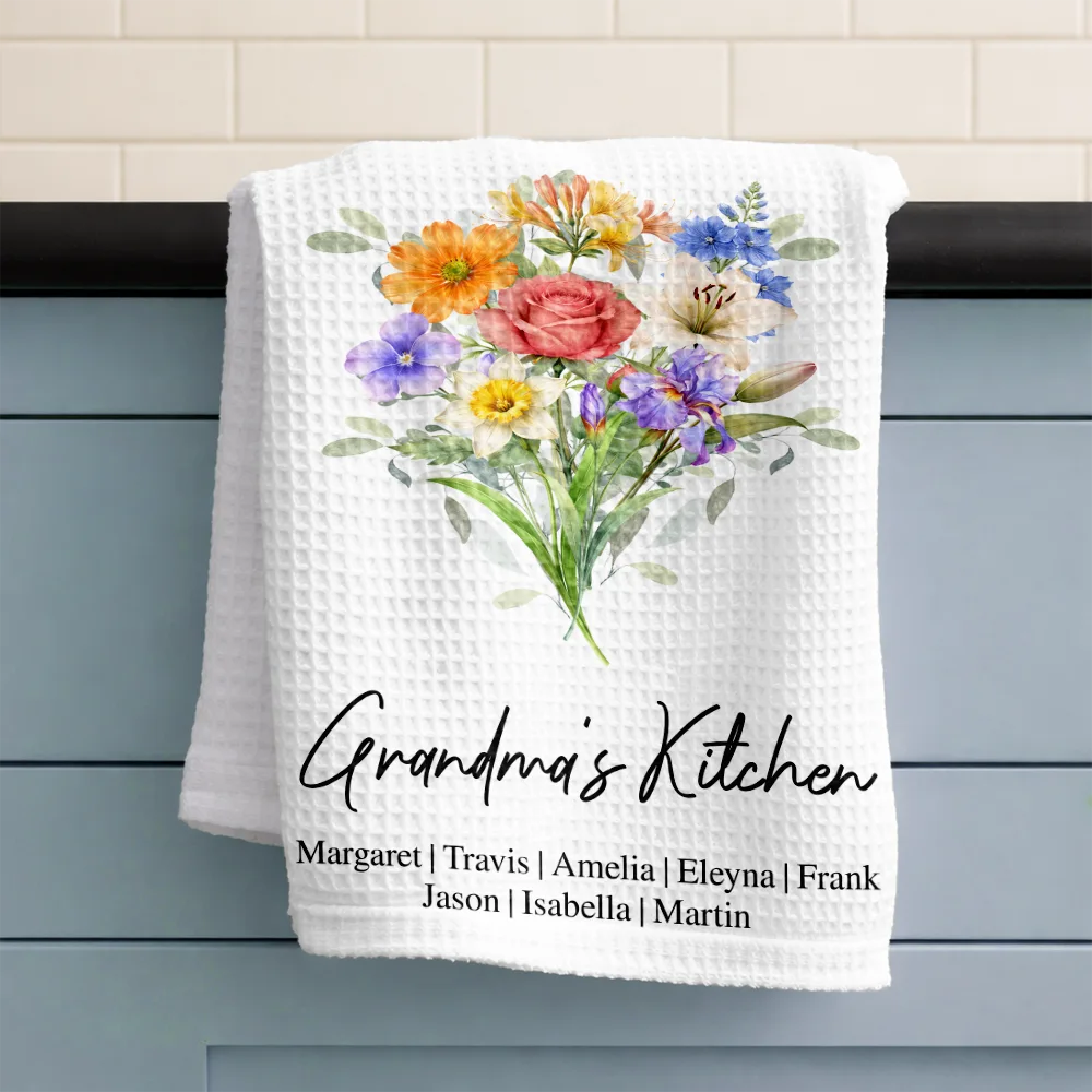 Gift For Wife, Gift For Mother, Gift For Grandma, Happy - Mom Mum Grandma Kitchen Watercolor Birth Flower - Personalized Kitchen Towel